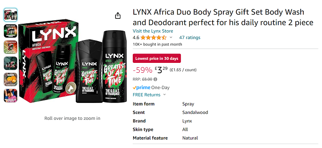 Screenshot showing LYNX Africa Duo Body Spray Gift Set for £3.29 at Amazon