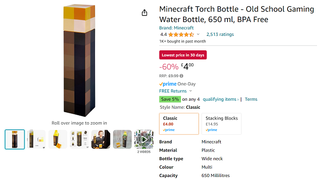 Screenshot showing Minecraft Torch Water Bottle 650ml for £4 at Amazon