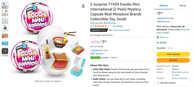 Screenshot showing Zuru 5 Surprise Foodie Mini Brands 2 Pack for £7.99 at Amazon