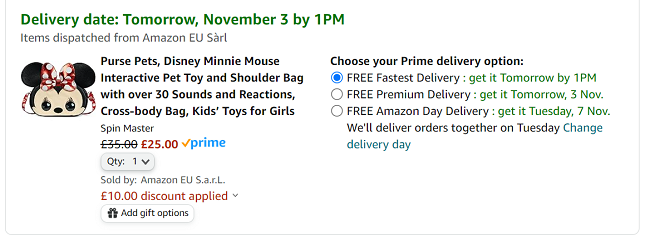 Screenshot showing Purse Pets Disney Minnie Mouse Interactive Pet Bag for £25 at Amazon