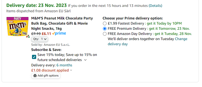 Screenshot showing M&Ms Peanut Party Bags for £6.11 at Amazon