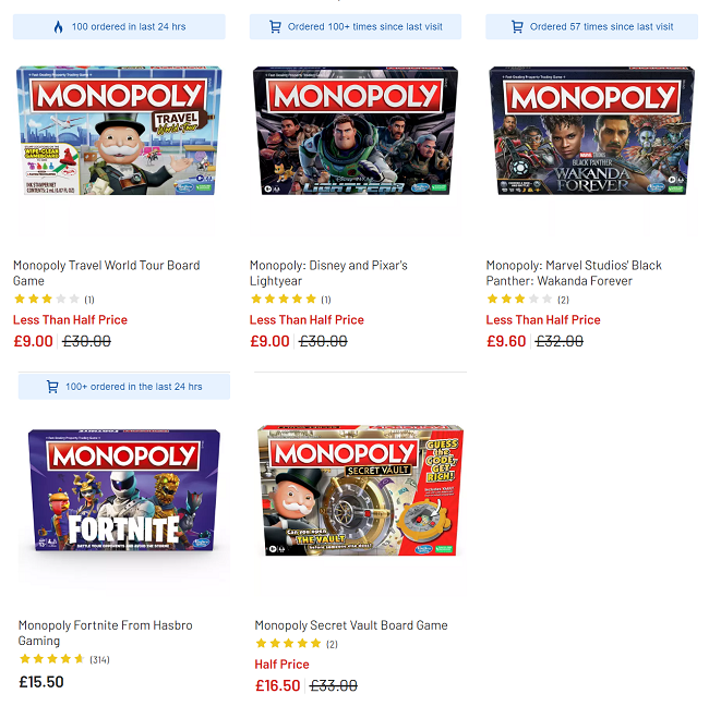 Screenshot of reduced Monopoly Board Games from Argos