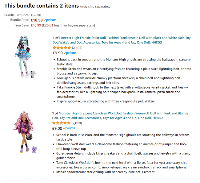 Screenshot of Monster High Frankie Stein & Clawdeen Wolf Dolls Bundle for £18.99 at Amazon