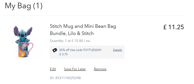 Screenshot showing Mug & Mini Bean Bag Bundle for £11.25 with code at shopDisney