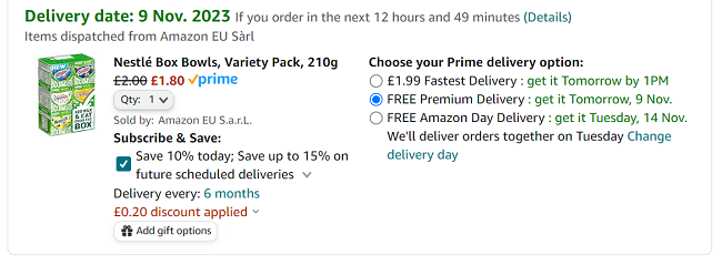 Screenshot of Nestlé Box Bowls Variety Pack 210g for £1.80 at Amazon