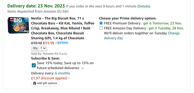 Screenshot of Nestlé The Big Biscuit Box 71 Chocolate Biscuit Bars for £11.15 at Amazon