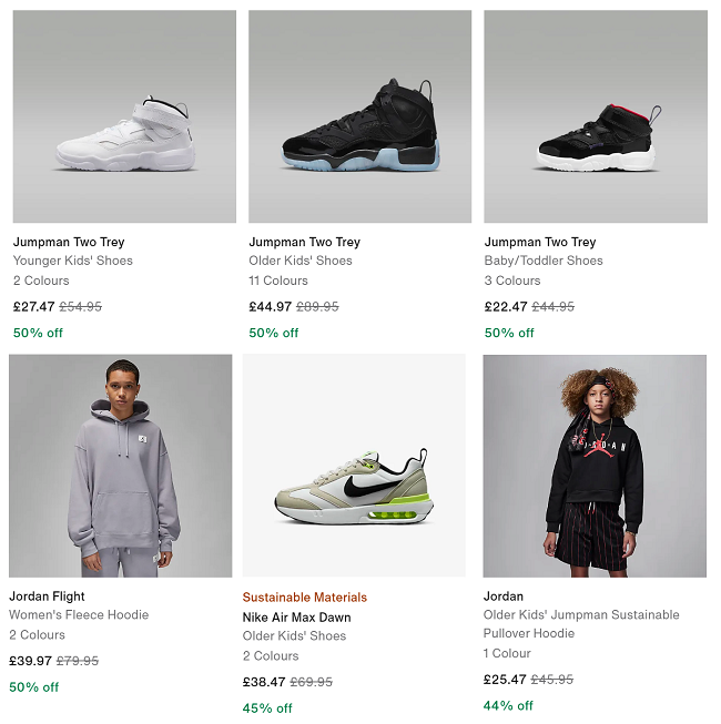 Screenshot of Nike sale items