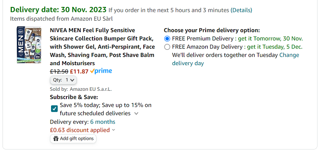 Screenshot showing Nivea Men Feel Fully Sensitive Skincare Collection Bumper Gift Pack for £11.87 at Amazon
