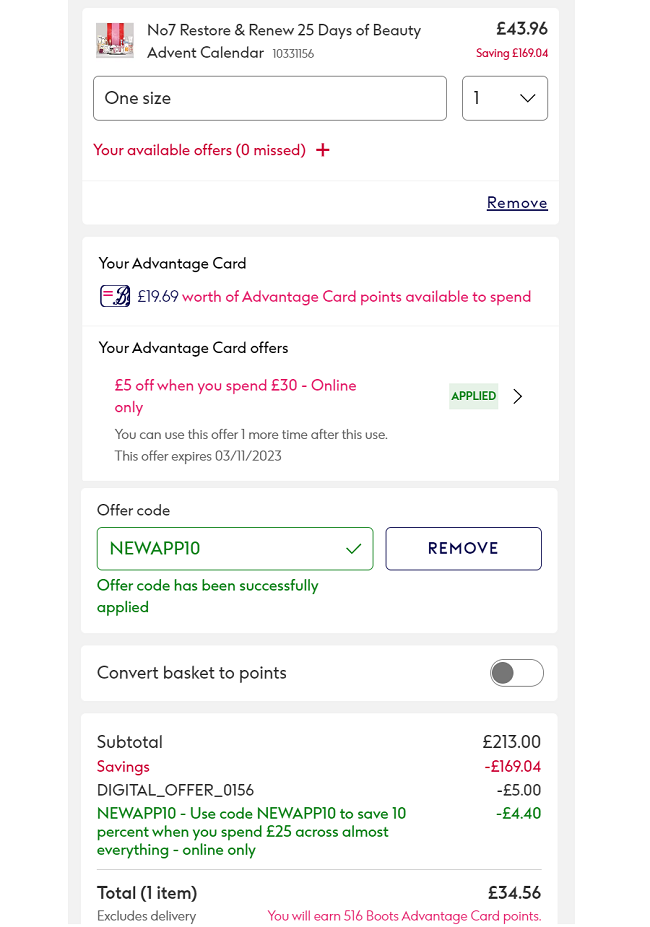 Screenshot of No7 Advent Calendar for £34.46 With Code & Advantage Card Offer @ Boots