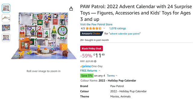 Screenshot showing Paw Patrol Advent Calendar for £11.49 at Amazon