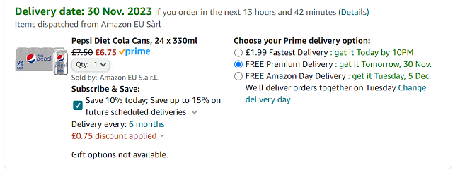 Screenshot showing 24 x Diet Pepsi Cans for £6.75 at Amazon