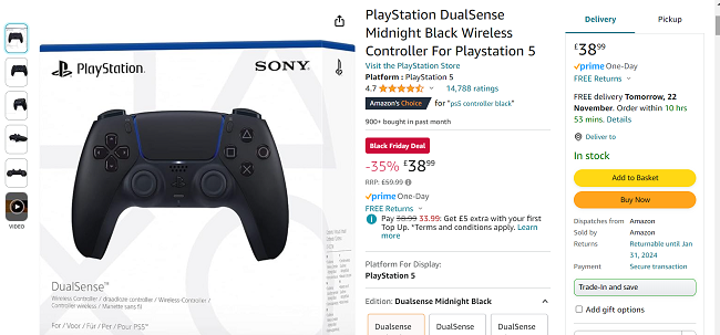 Screenshot showing PlayStation 5 DualSense Wireless Controller for £38.99 at Amazon