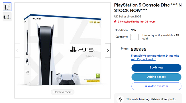 Screenshot of PlayStation 5 Disc Console £359.85 at ShopTo eBay