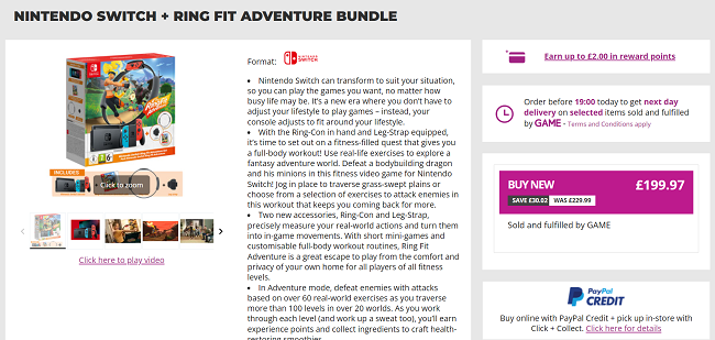 Screenshot of Nintendo Switch Ring Fit Adventure Bundle for £199.97 at Game