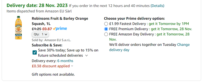 Screenshot of Robinsons Fruit & Barley Orange Squash for 87p at Amazon