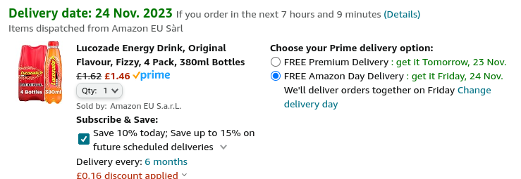 Lucozade Energy Drink, Original Flavour 4 Pack £1.46 @ Amazon