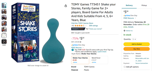 Screenshot showing TOMY Games Shake Your Stories for £5 at Amazon