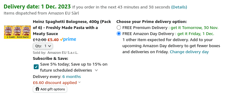 Screenshot showing Heinz Spaghetti Bolognese 400g (Pack of 6) for £5.40 at Amazon