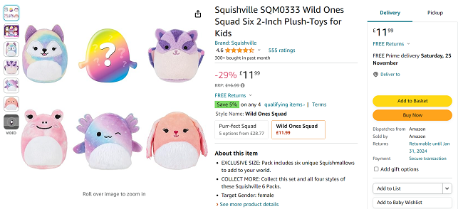 Screenshot showing Squishmallows Squishville Wild Ones Squad for £11.99 at Amazon