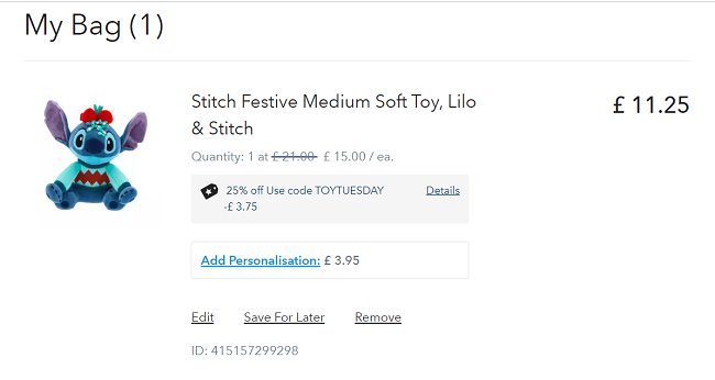 Screenshot showing Stitch Festive Medium Soft Toy for £11.25 with code at shopDisney