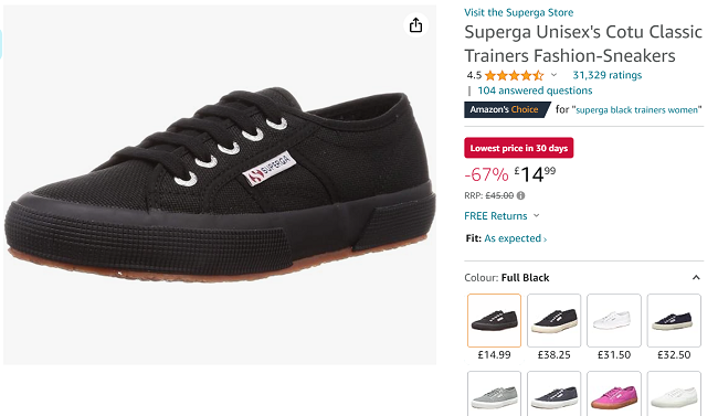 Screenshot showing Superga Unisex Cotu Classic Trainers Black for £14.99 at Amazon