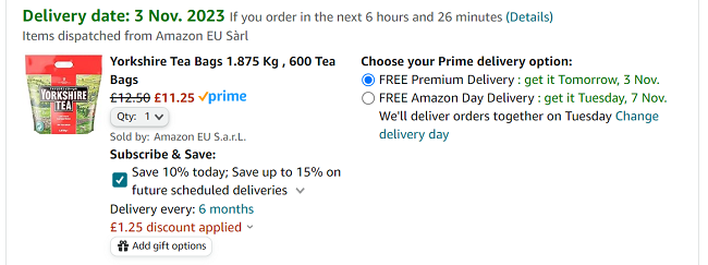 Screenshot of Yorkshire Tea Bags 1.875 Kg 600 Tea Bags for £11.25 at Amazon