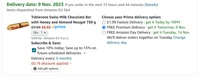 Screenshot showing Toblerone Swiss Milk Chocolate Bar with Honey and Almond Nougat 750g for £6.83 at Amazon