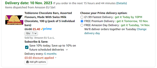 Screenshot showing Toblerone Mixed Chocolate 5 Bar Gift Pack 500g for £5.40 at Amazon
