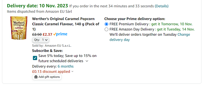 Screenshot showing Werther's Original Caramel Popcorn Classic Caramel Flavour 140g for £2.37 at Amazon