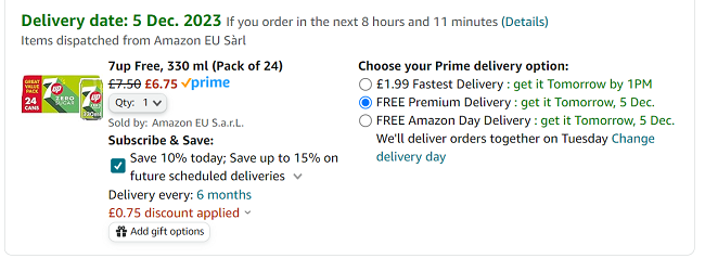 Screenshot of 7up Zero 330ml Can (Pack of 24) for £6.75 at Amazon