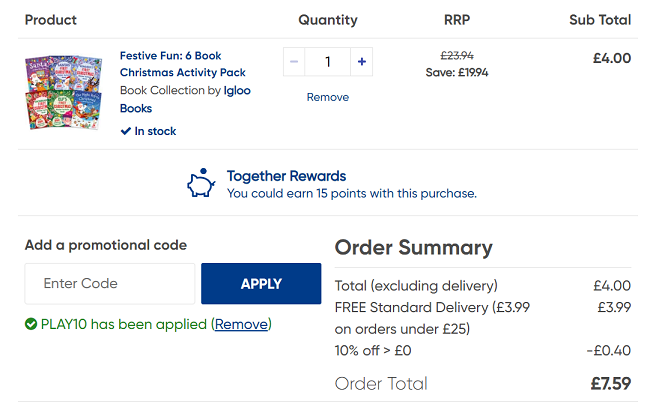 Screenshot showing 6 Book Christmas Activity Pack for £3.60 with code at The Works