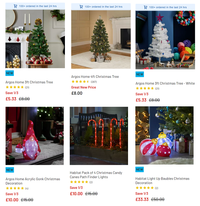Screenshot of reduced Christmas Trees, Lights & Decorations from Argos