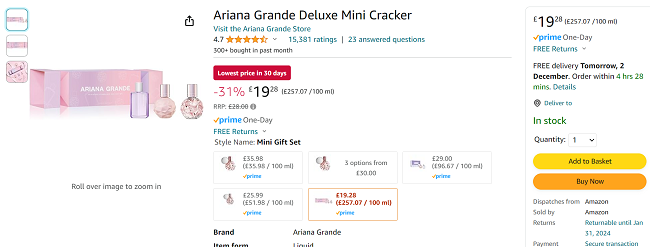 Screenshot of Ariana Grande Deluxe Mini Cracker for £19.28 at Amazon