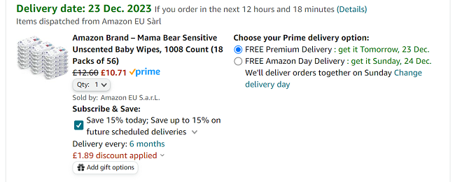 Screenshot showing Pack Of 18 Mama Bear Sensitive Unscented Baby Wipes for £10.71 at Amazon