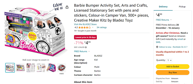 Screenshot showing Barbie Bumper Activity Set for £4.99 at Amazon