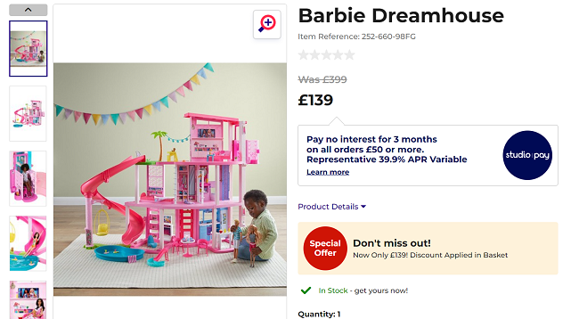 Screenshot of Barbie Dreamhouse for £139 at Studio