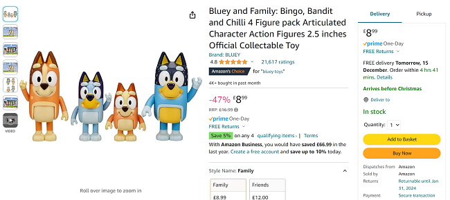 Screenshot showing Bluey Family 4 Figure Pack for £8.99 at Amazon