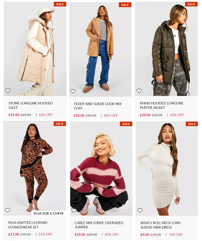 Screenshot of Boohoo sale items