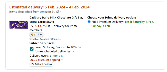 Screenshot showing Cadbury Dairy Milk Chocolate Gift Bar 850g for £4.75 at Amazon