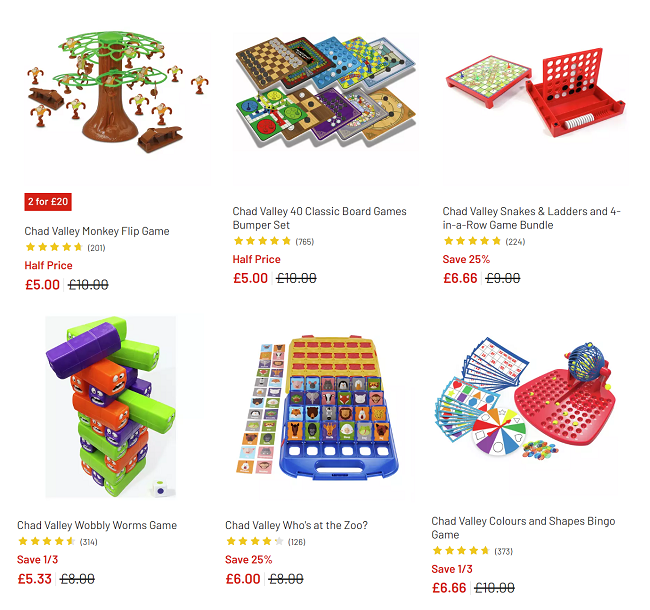Screenshot showing Chad Valley games from £5 at Argos