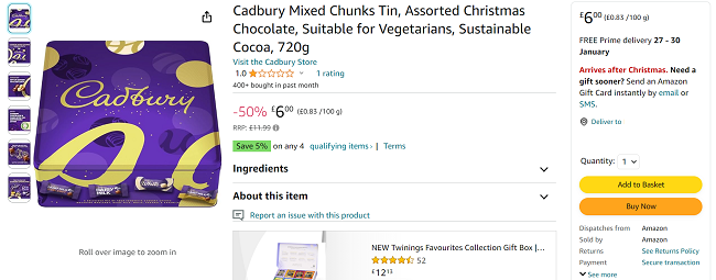 Screenshot showing Cadbury Mixed Chunks Tin 720g for £6 at Amazon
