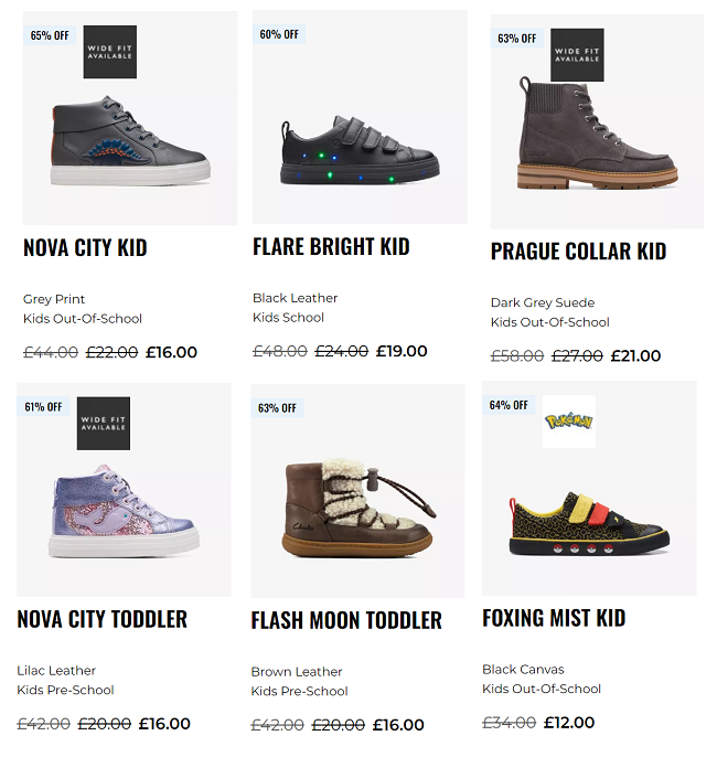 Screenshot of kids End Of Season Sale items at Clarks