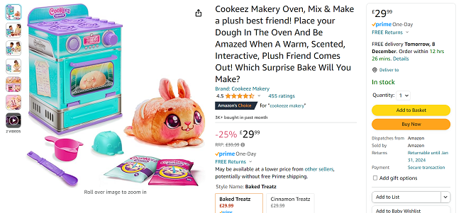 Screenshot showing Cookeez Makery Oven for £29.99 at Amazon