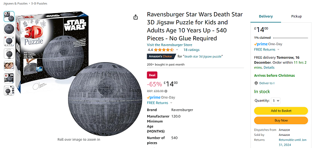 Screenshot of Ravensburger Star Wars Death Star 3D Jigsaw Puzzle for £14 at Amazon