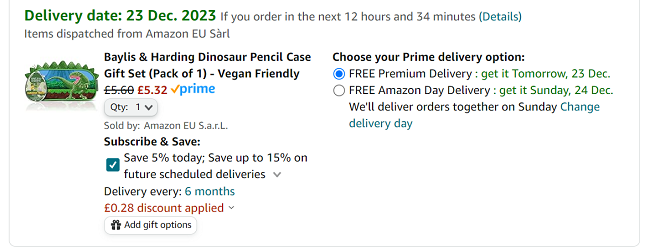 Screenshot showing Baylis & Harding Dinosaur Pencil Case Gift Set for £5.32 at Amazon