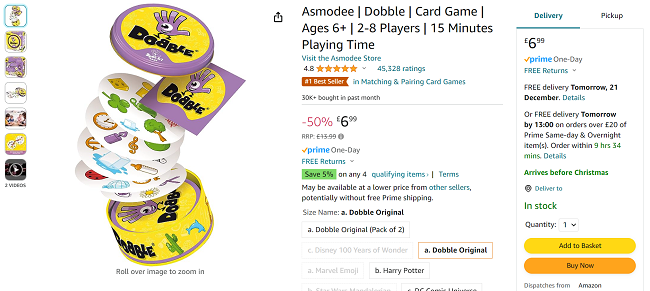 Screenshot showing Dobble Card Game for £6.99 at Amazon