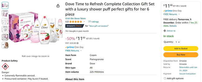Screenshot showing Dove Time to Refresh Complete Collection Gift Set for £11 at Amazon