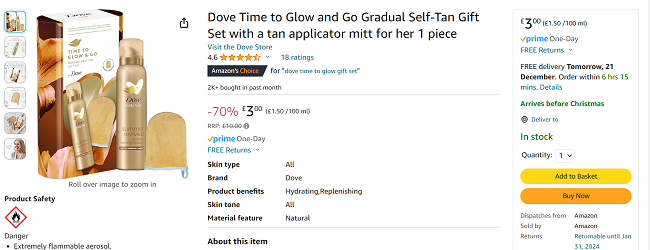 Screenshot of Dove Time to Glow and Go Gradual Self-Tan Gift Set for £3 at Amazon