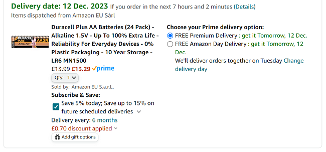 Screenshot showing Duracell Plus AA Batteries (24 Pack) for £13.29 at Amazon