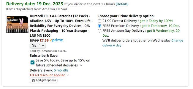 Screenshot showing Duracell Plus AA Batteries 12 Pack for £7.59 at Amazon
